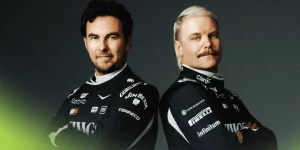 Sergio Perez and Valtteri Bottas pose shoulder to shoulder in Cadillac 2026 race suits
