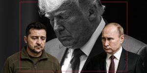 m colorida de arte com Trump, Putin e Zelensky