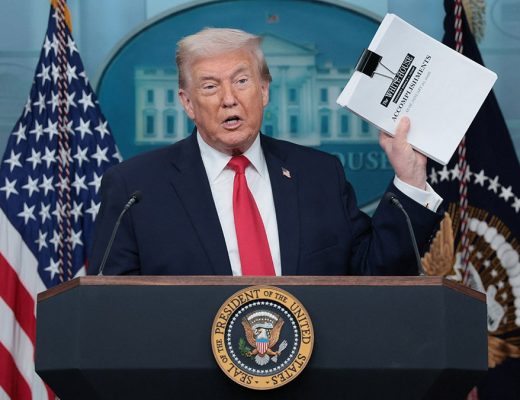 President Donald Trump speaks at White House press briefing