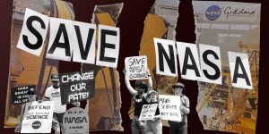 SAVE NASA hangs in front of a torn up photo as black and white protesters hold signs in the bottom foreground